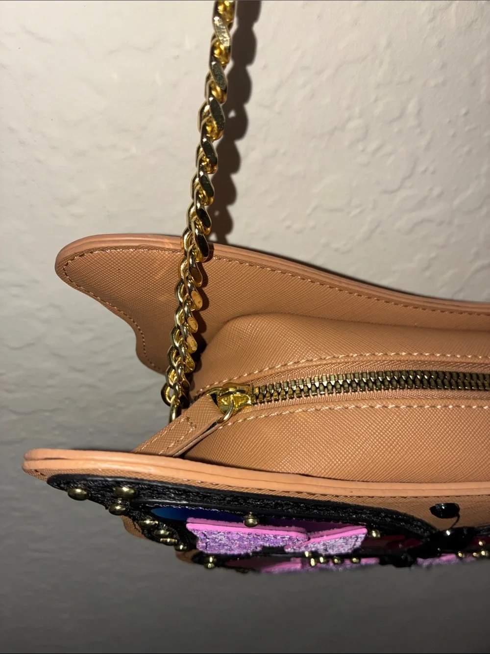 Betsey Johnson Tan Crossbody Bag with Purple, Pink and Blue Butterfly